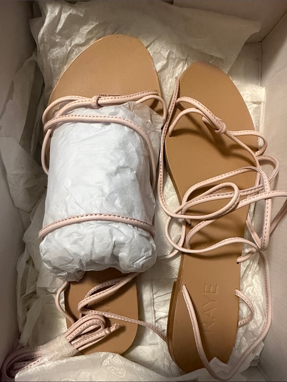 RAYE Pale Pink Lace-Up Flat Sandals with Tan Footbed
